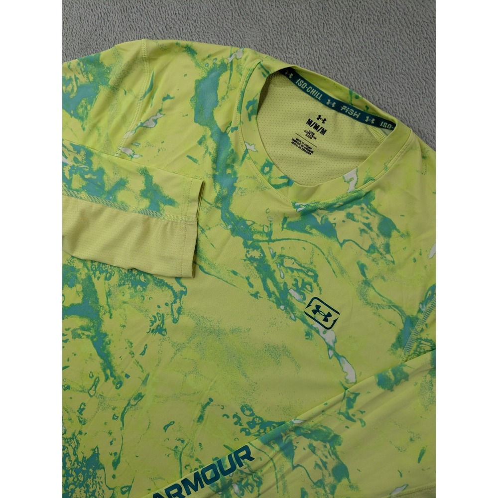 Under Armour Mens Size M Medium Long Sleeve ISO CHILL Fish Print T Shirt Yellow